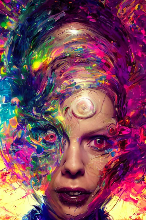 Prompt: portrait, headshot, digital painting, an delightfully mad techno - shaman lady, wink, synthwave, swirly bokeh, glitch, refraction, fracture, realistic, hyperdetailed, chiaroscuro, concept art, madness, art by john berkey