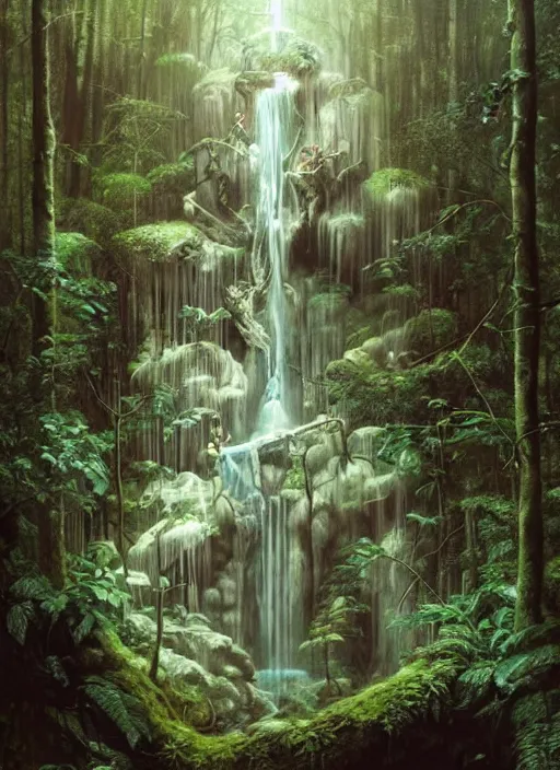 Image similar to a hyper realistic architectural witch shrine under a waterfall in the woods, gorgeous lighting, lush forest foliage, painting by chiara bautista and tom bagshaw, muca beksinski and norman rockwell and greg rutkowski weta studio, and lucasfilm