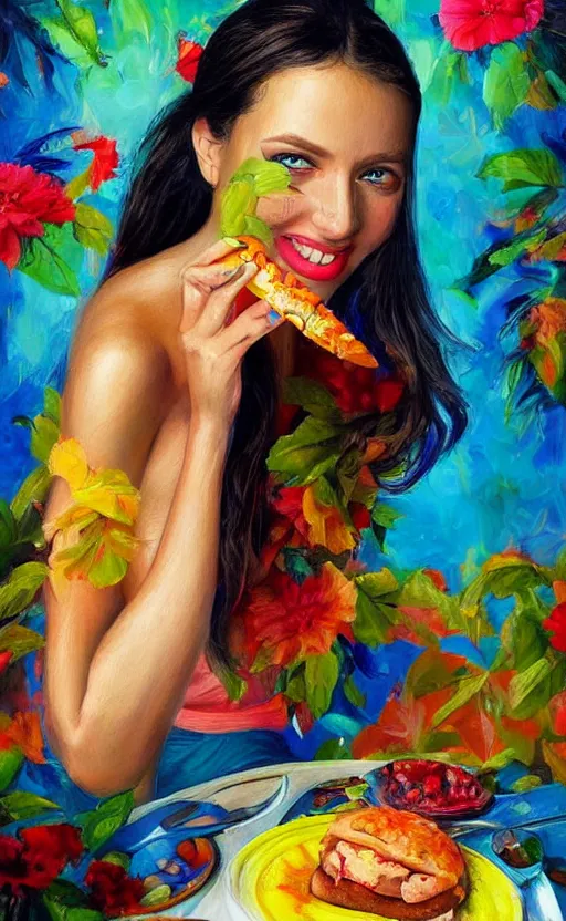 Prompt: amazing beautiful and very detailed painting of a beautiful woman enjoying a delicious mean. vibrant colors, very funny, personal, positive, visually pleasing and engaging. high resolution. high quality. hq hd. trending on artstation.