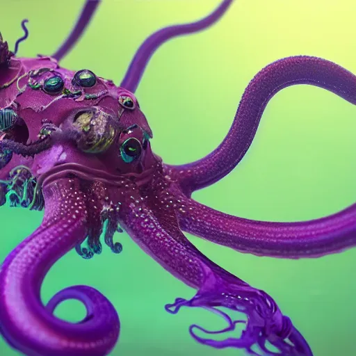 Prompt: tom bagshaw, ultra realist waves miniatures underwater curiosities squids carnival, a single very beautiful long tentacles in full underwater armor, symmetry accurate features, focus, very intricate ultrafine details, green purple aqua volumetric lights, award winning masterpiece, octane render 8 k hd