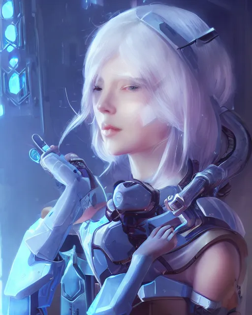 Image similar to holy cyborg necromancer girl, elegant, scifi, futuristic, utopia, garden, illustration, atmosphere, top lighting, blue eyes, white hair, focused, artstation, highly detailed, art by yuhong ding and chengwei pan and serafleur and ina wong