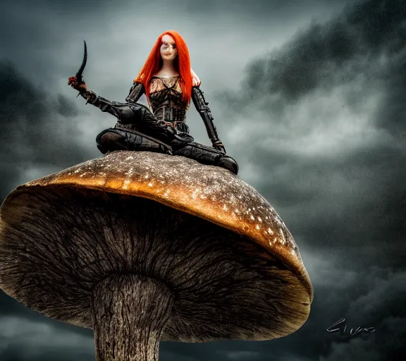 Image similar to a photo of an armored woman warrior redhead with antlers sitting on a giant mushroom that covers a whole village and reaches above the clouds by luis royo. intricate. lifelike. soft light. sony a 7 r iv 5 5 mm. cinematic post - processing