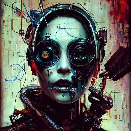 Image similar to shannyn sossamon as a cyberpunk hacker, wires cybernetic implants, in the style of adrian ghenie, esao andrews, jenny saville, surrealism, dark art by james jean, takato yamamoto