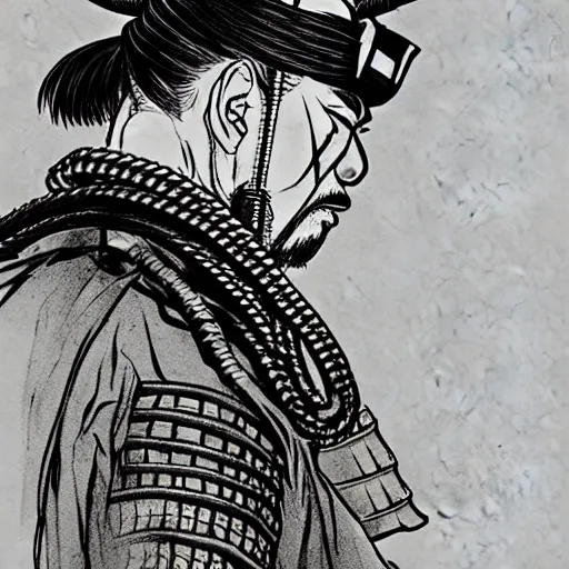 Prompt: A PORTRAIT FROM BEHIND OF A SAMURAI ,THE THE MAN IS WRAPPED IN CHAINS ,detailed, concept art, ink style , sketch