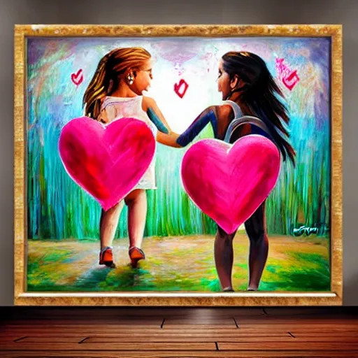 Prompt: art decor image of girls having fun at a party realistic painting with hearts in the air