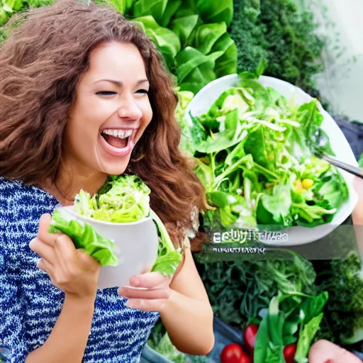 Image similar to Woman laughing and eating a salad, stock photo