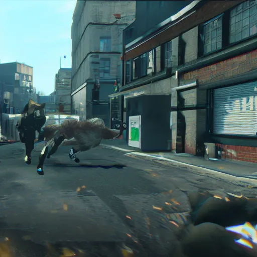 Prompt: screenshot from the game payday 2 ( graphics maxed out ) demonstrating the fursuit unlock in action - hoxton? more like foxton.