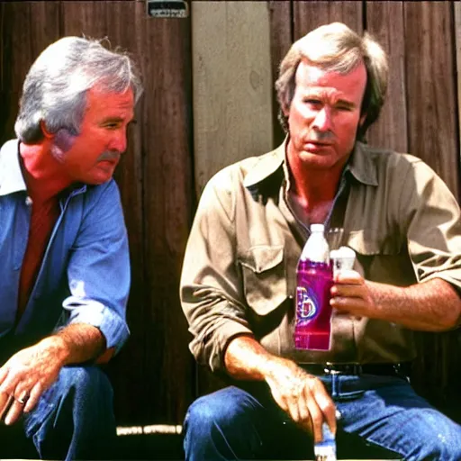 Prompt: kevin tighe with randy mantooth, sitting by a dumpster drinking beer, empty bottles