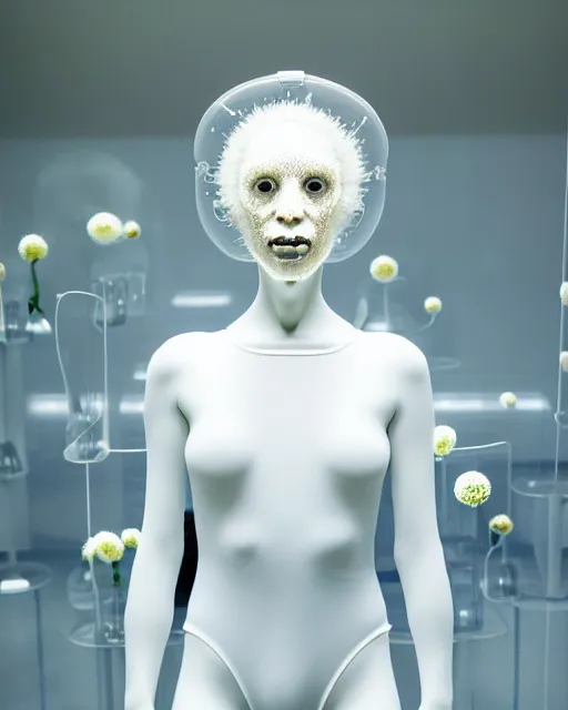 Prompt: symmetrical portrait of a woman wearing a white embroidered translucent silicone mask and white frizzy hair buns, wearing a black bodysuit by alexander mcqueen, standing in a sterile room full of translucent silicone flowers and plants, white background, soft diffused light, biotechnology, humanoide robot, futuristic aesthetic, translucent, ethereal, intricate details, highly detailed, masterpiece,
