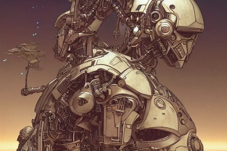 Prompt: comic book illustration, a cyborg pilot in the cockpit of a battle droid, intricate machinery, biomechanics, the ghosts in the machine, cyberpunk concept art by artgerm and Guy Denning and Moebius and Alphonse Mucha, highly detailed, intricate, sci-fi, sharp focus, Trending on Artstation HQ, deviantart