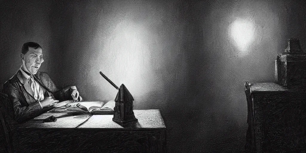 Prompt: Detailed photo of a H.P. Lovecraft writing Necronomicon in a dark room, sharp focus, atmospheric, trending on artstation, detailed, photorealistic