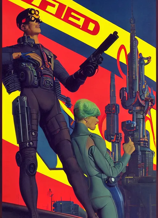 Image similar to american propaganda poster. cyberpunk mech pilot. portrait by jean giraud and anton otto fischer and john philip falter and will eisner and gil elvgren and pixar. realistic proportions. character art. science fiction d & d. tf 2, overwatch, rb 6 s, cyberpunk 2 0 7 7, blade runner 2 0 4 9.