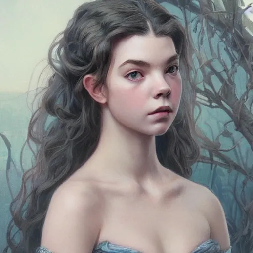 Image similar to beautiful young anya taylor - joy, closeup, d & d, fantasy, intricate, elegant, highly detailed, digital painting, artstation, concept art, matte, sharp focus, illustration, art by artgerm and greg rutkowski and alphonse mucha