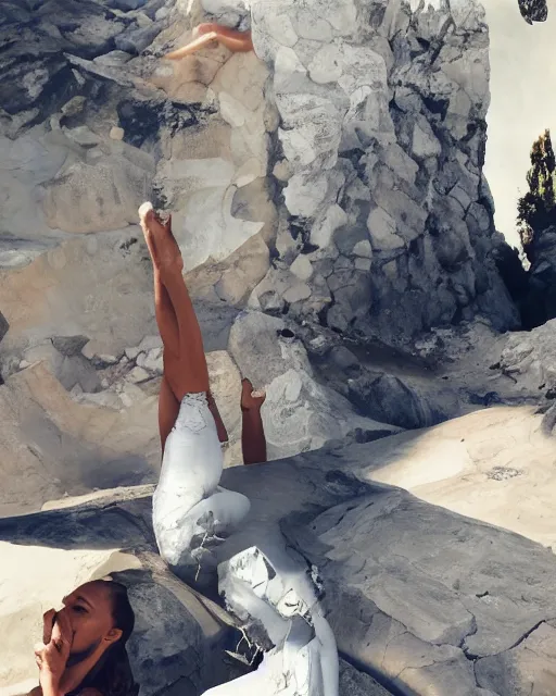Prompt: kim kardashian, centered full body rear-shot, pov from rear, in skin tight white sportswear, real photo, photoshooting, studio light, Irish mountains background, intricate, epic lighting, cinematic composition, hyper realistic, 8k resolution, unreal engine 5