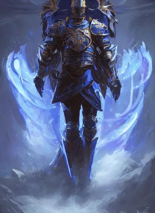 Prompt: kaladin stormblessed in shardplate. a knight in amazing fantasy armor that glows, bursting with blue light, sleek, lightweight but imposing, light glowing from the decorations and inscriptions. intricate and ornate. concept art from artstation. beautiful highly detailed fantasy painting by greg rutkowski