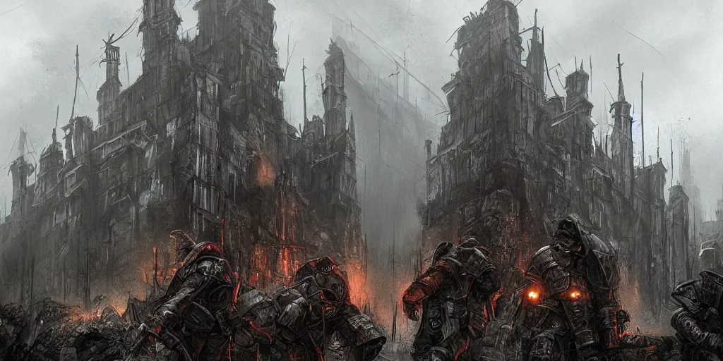 Image similar to grimdark fantasy fortress, trench crusade soldiers, terrifying architecture, looming, dark, fog, atmospheric cold lighting, dark souls, hyperrealistic, art by sparth