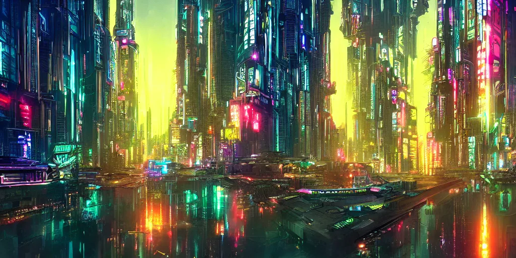 Prompt: a digital painting of a cyberpunk city at night surrounded by a glistening lake by stephan martiniere, trending on artstation, utopian art deco, saturated, hyper colorful