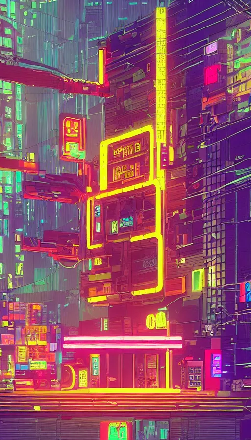 Image similar to a drawing of a building with a neon sign on top of it, cyberpunk art by james gilleard, behance contest winner, pixel art, voxel art, # pixelart, retrowave