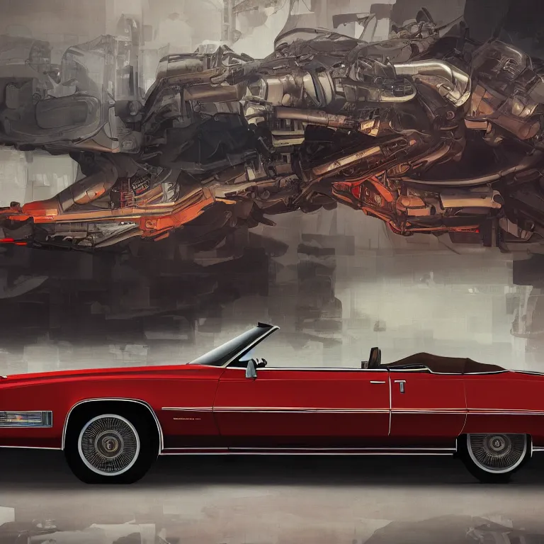 Image similar to imposing symmetrical picture, one single red 1975 cadillac eldorado convertible car as a grand theft auto 5 loading screen, symmetry, front view, intricate, studio, art by anthony macbain + greg rutkowski + alphonse mucha, concept art, 4k, sharp focus