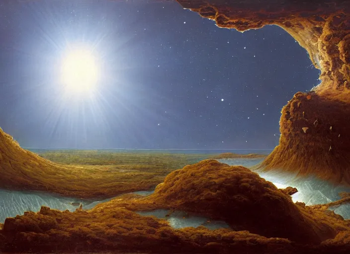 Prompt: earth during the cretaceous – paleogene extinction event, just as the asteroid is colliding with earth, the asteroid later forms the chicxulub crater, seen from space, in the style of hudson river school of art, oil on canvas