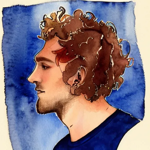 Image similar to abstract watercolor drawing of a young cute handsome beautiful strawberry blond medium very curly thick hair man in his early 2 0 s wearing a blank maroon t - shirt with grey - blue eyes, by elizabeth peyton and alphonse mucha, trending on artstation, artgen, tumblr