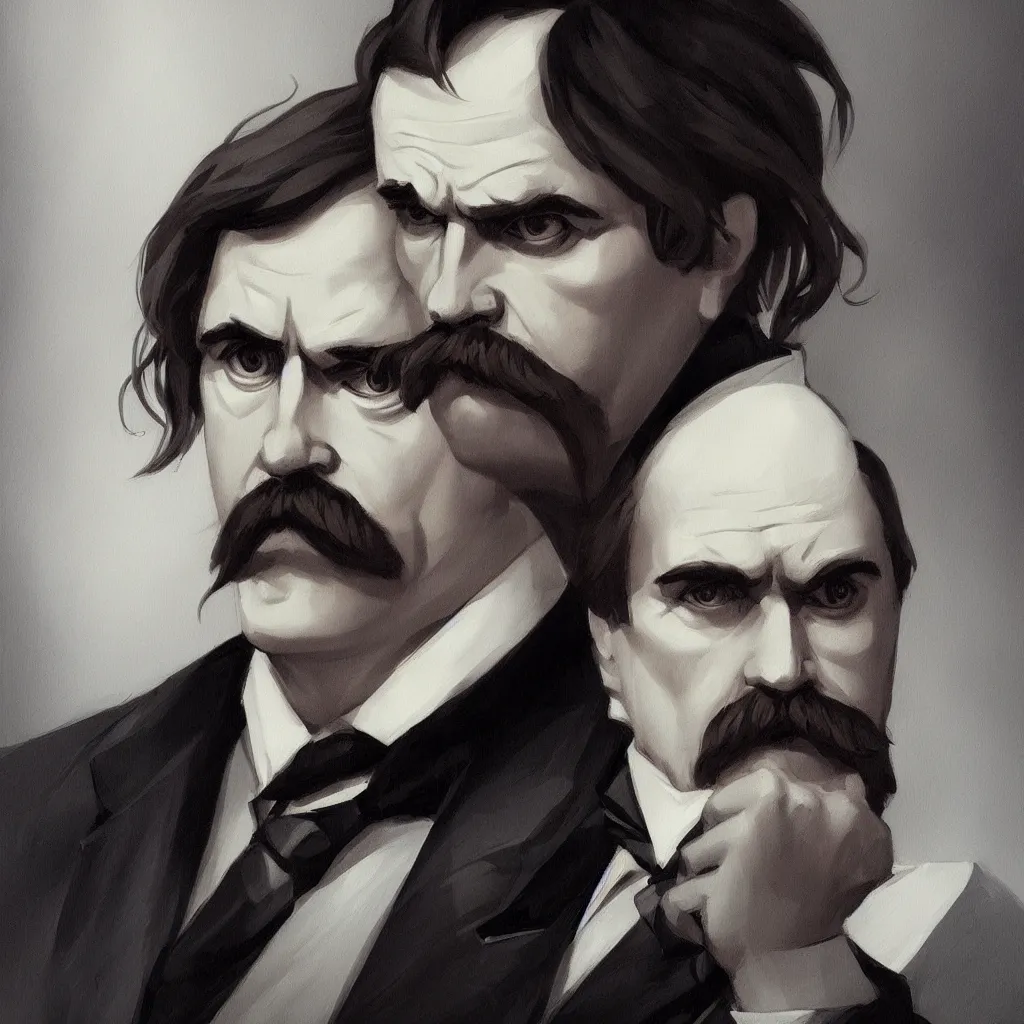 Prompt: Portrait of Friedrich Nietzsche in his Suit with a chiseled Jawline and serious Look, in the Style of Artgerm and Charlie Bowater and Mike Mignola, rim light, moody colors, hard shadows, colorful, plain background, trending on artstation