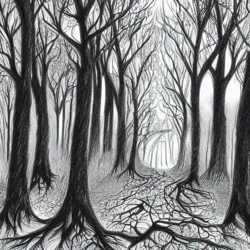 Prompt: forest illustration, full body, dark fantasy, black ink on white paper, sketched 4k