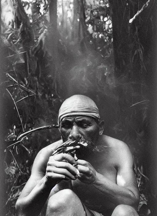 Prompt: a_beautiful_portrait_of_an_indigenous_man_sitting_in_the_jungle_surrounded_by_smoke_smoking_a_pipe_praying_with_tobacco_mysterious_atmosphere