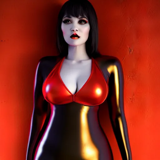 Prompt: a feminine curvy young hot demoness wearing a modest regal red-silver-gold-black latex-nylon outfit, dark eyeshadow, eyelashes, cgsociety, photorealistic, sublime-hyperadvanced-amorous ambience, 16k, smooth, sharp focus, trending on ArtStation, volumetric lighting, fully clothed, thin waist