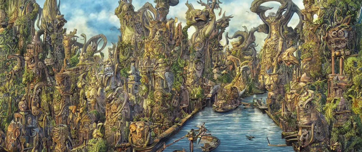 Prompt: a beautiful painting of a canal lined with massive statues of anthropomorphic Feline Gods by Rodney Matthews | graphic novel, illustration:.4