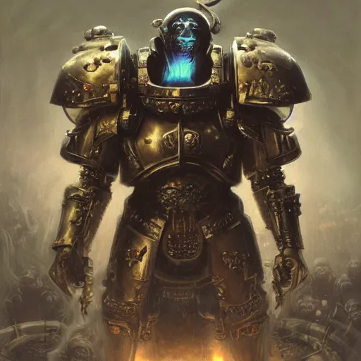 Image similar to warhammer 4 0 k god emperor armor, anthropomorphic shiba inu face visible, stuning 3 d render, masterpiece, glowing black aura, foggy dark, by donato giancola and greg rutkowski and wayne barlow and zdzisław beksinski, realistic face