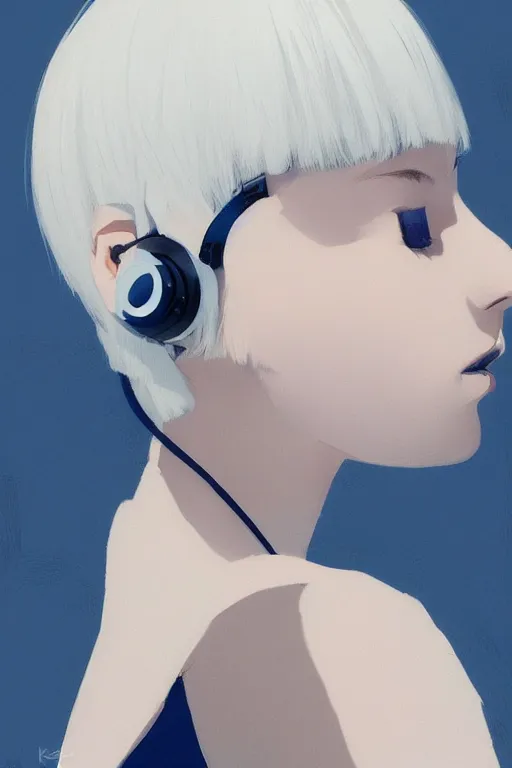 Prompt: a cute young woman listening to music with her eyes closed and wearing headphones in the style of Ilya Kuvshinov and Range Murata, white bob cut hair, blue filter, blue and white, soft lighting, atmospheric, cinematic, moody, digital painting by Krenz Cushart, 8k