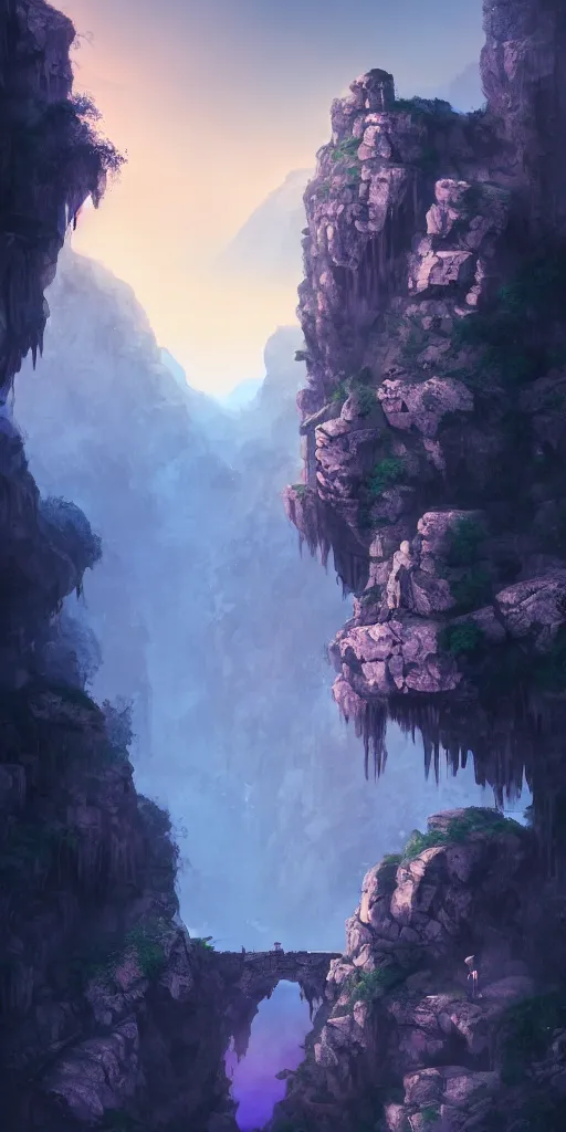 Image similar to Gorge in the mountain, white stone temple ruins, night dramatic lighting, blue and purple tones, wide camera angle, matte painting, trending on ArtStation, concept art, delightful surroundings, high detail, sharp contrast, picturesque