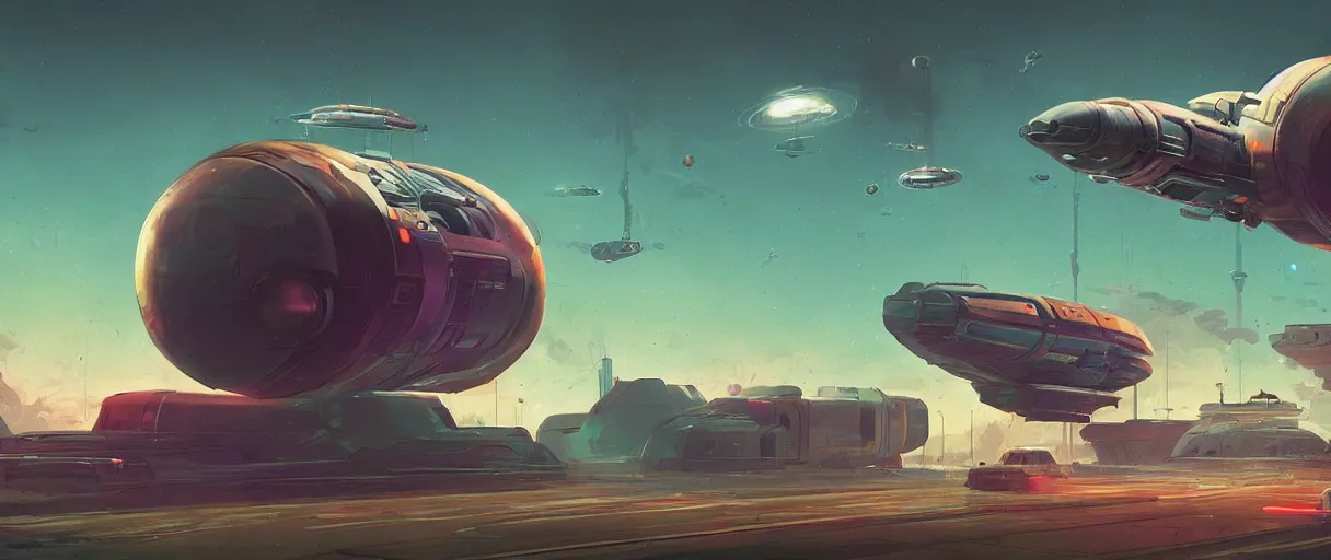 Prompt: concept art, industrial design spaceship drifting in space, dreamy, very large scales, brutalistic style, cinematic lighting, 4k, widescreen ratio, in the color palette of simon stalenhag