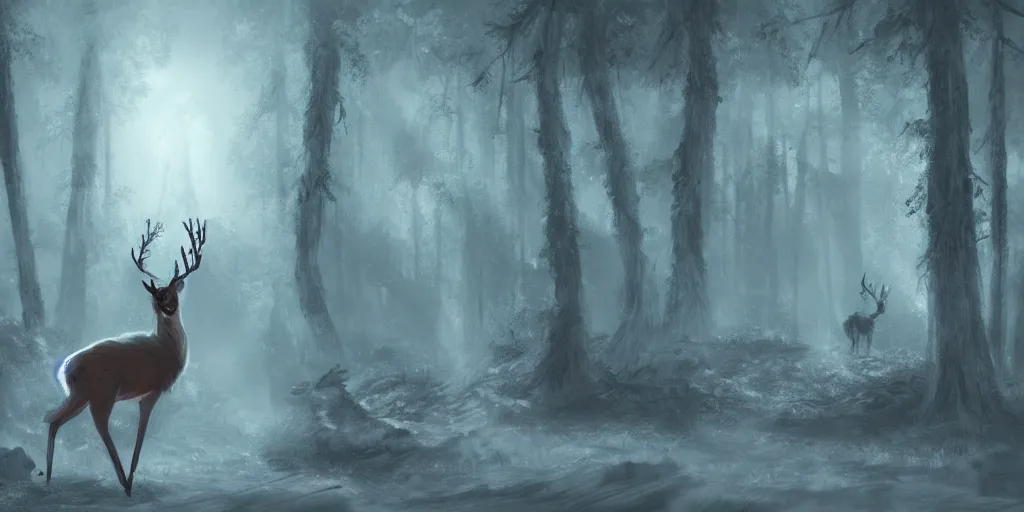 Image similar to fantasy concept art of a ghostly deer spirit with glowing antlers in a haunted forest
