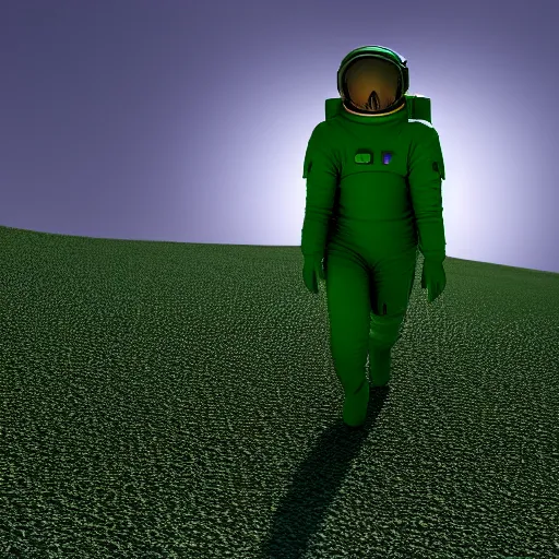 Image similar to a 3 d render of an astronaut walking in a green desert,