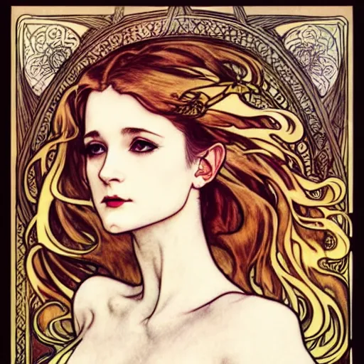 Image similar to in the style of artgerm, arthur rackham, alphonse mucha, evan rachel wood, symmetrical eyes, symmetrical face, flowing white dress, hair blowing, intricate filagree, warm colors, cool offset colors