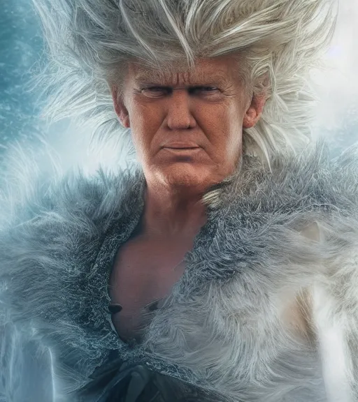 Image similar to award winning 5 5 mm close up portrait color photo of super saiyan trump, in a park by luis royo. fantasy horror style. soft light. sony a 7 r iv