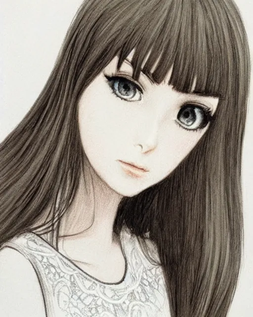 Prompt: a beautiful professional pencil sketch portrait ofpretty greek girl, with bangs and twintails, wearing a white lace dress. ilya kuvshinov