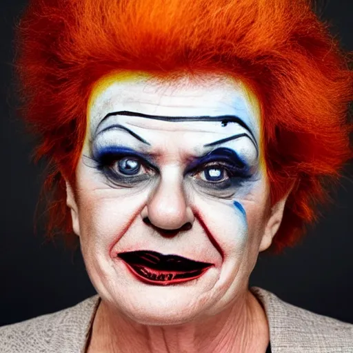 Prompt: Candid portrait photograph of Pauline Hanson in clown makeup, taken by Annie Leibovitz