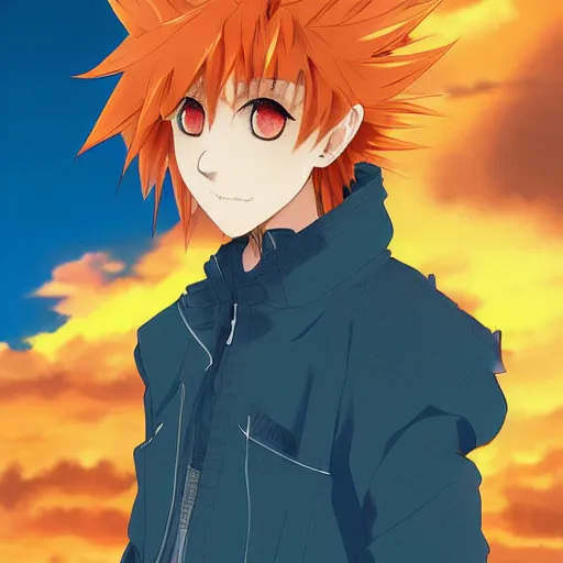 Image similar to orange - haired anime boy, 1 7 - year - old anime boy with wild spiky hair, wearing blue jacket, golden hour, partly cloudy sky, red clouds, orange sky, old town, strong lighting, strong shadows, vivid hues, ultra - realistic, sharp details, subsurface scattering, intricate details, hd anime, 2 0 1 9 anime