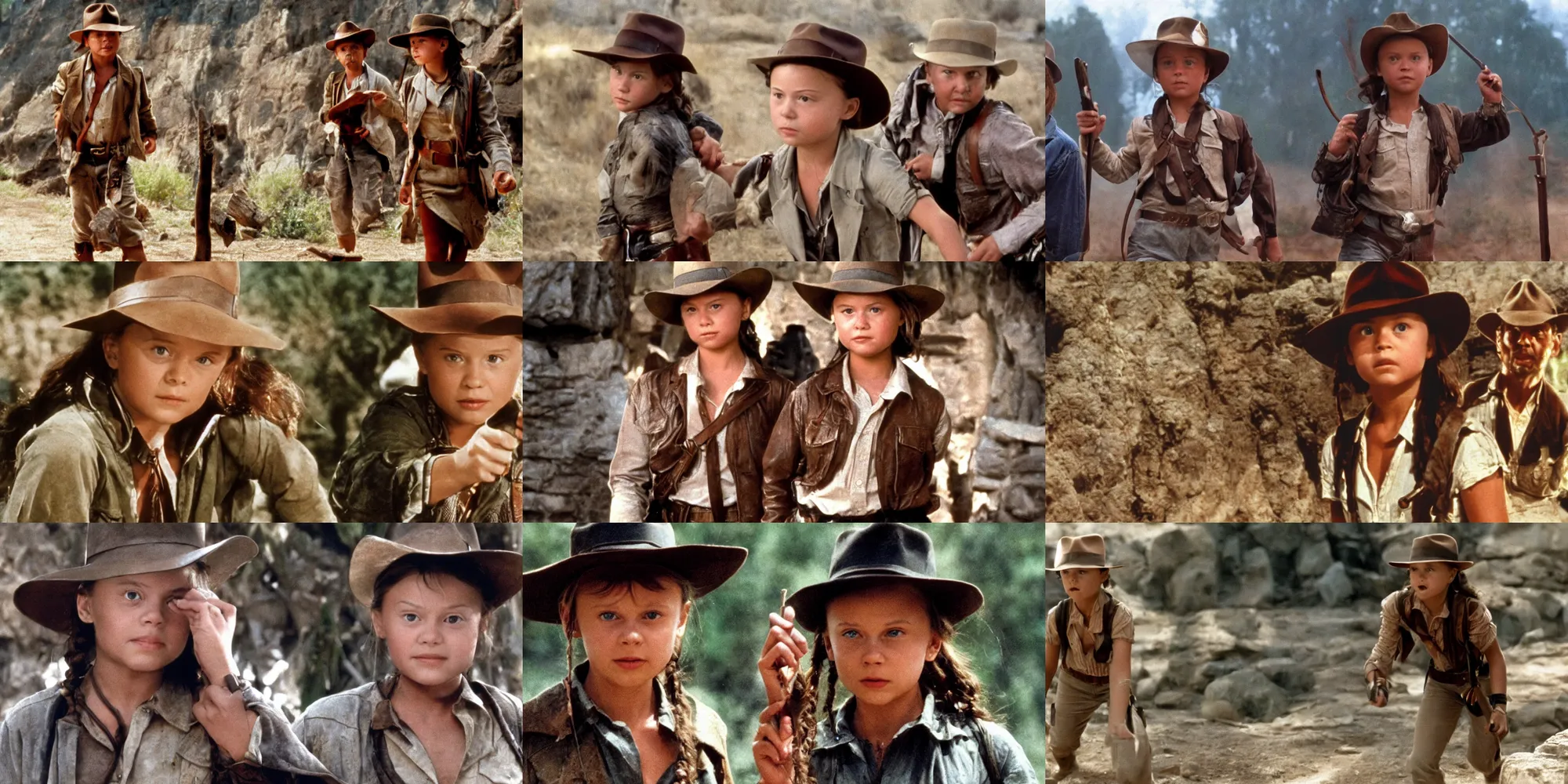 Prompt: a cinematic cinemascope portrait still of greta thunberg as indiana jones in in indiana jones and the last crusade ( 1 9 8 9 ),