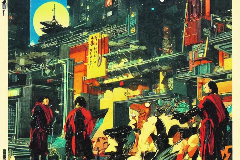 Image similar to 1 9 7 9 omni magazine cover of medieval fantasy community in japan. cyberpunk style by vincent di fate