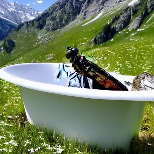 Image similar to dragonfly in a bathtub in the alps, goats!!!!!!!! in background