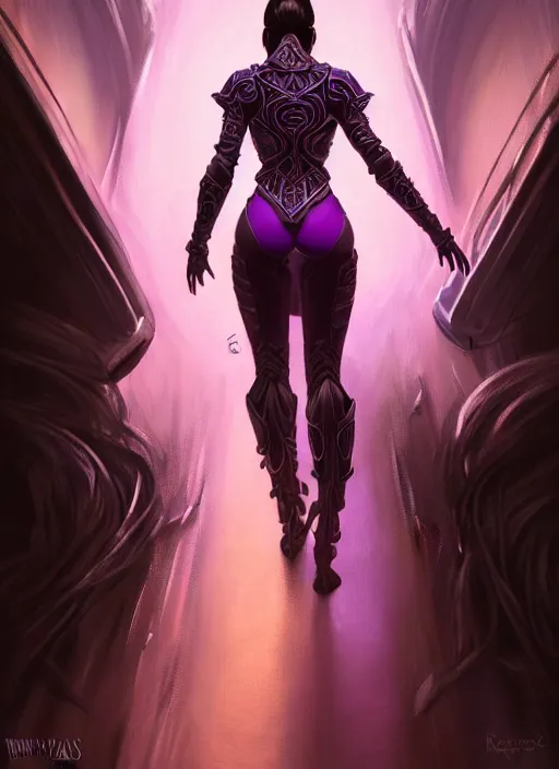 Image similar to back, behind, facing away from viewer, portrait of a woman in purple leather future armor with a long black ponytail, walking down a hallway filled with glowing runes, intricate, elegant, rune light, highly detailed, digital painting, artstation, concept art, smooth, sharp focus, illustration, art by wlop, mars ravelo and greg rutkowski