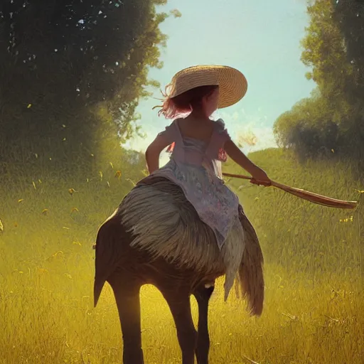 Prompt: 10 yo girl riding ostrich in green fields, straw hat, yellow tunic, intricate, highly detailed, artstation, sharp focus, illustration, jurgens, aleksi briclot, rutkowski, mucha