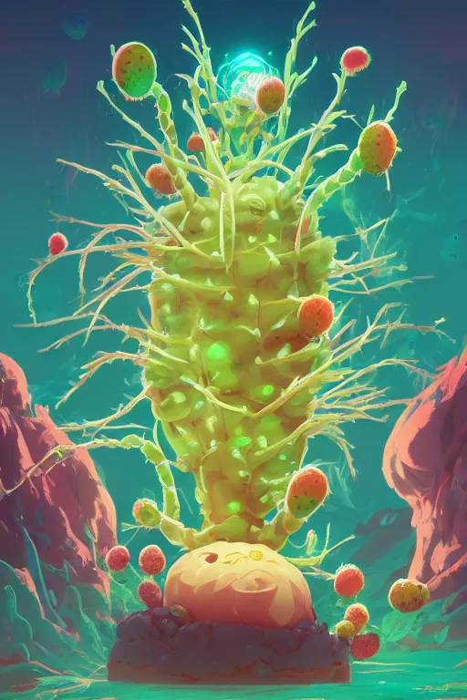 Image similar to roots cactus sushi cristal smurf ghost creature animal sushi cristal very big eye roots cactus elemental flush of force nature micro world fluo fishscale, behance hd by jesper ejsing, by rhads, makoto shinkai and lois van baarle, ilya kuvshinov, rossdraws radiating a glowing aura global illumination ray tracing hdr