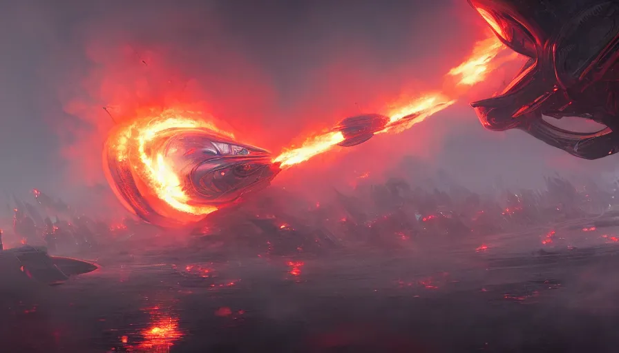 Prompt: Alien spaceship on fire about to crashing on Earth during a battle, hyperdetailed, artstation, cgsociety, 8k