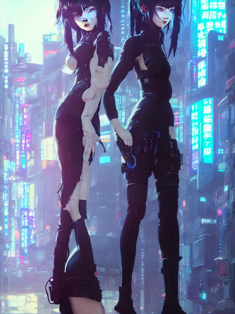 Image similar to Beautiful full body portrait of beautiful cyberpunk anime woman by Greg Rutkowski and Krenz Cushart and Pan_Ren_Wei and Hongkun_st and Bo Chen and Enze Fu and WLOP and Alex Chow, Madhouse Inc., anime style, crepuscular rays, set in rainy futuristic cyberpunk Tokyo street, dapped light, dark fantasy, feminine figure, smooth skin, gorgeous, pretty face, beautiful fashion model body, high detail, hyper realistic, cgsociety, trending on artstation