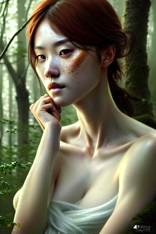 Image similar to beautiful digital painting of a hoyeon jung stylish female forest with high detail, real life skin, freckles, 8 k, stunning detail, works by artgerm, greg rutkowski and alphonse mucha, unreal engine 5, 4 k uhd